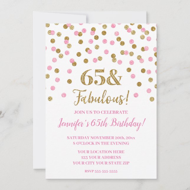 Invitación Purpurina rosado de oro Confetti 65 y fabuloso (Reverso)