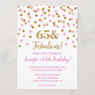 Invitación Purpurina rosado de oro Confetti 65 y fabuloso