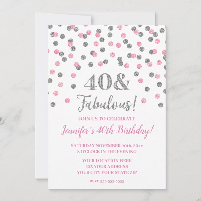 Invitación Purpurina rosado de plata Confetti 40 y fabuloso (Reverso)