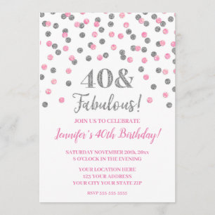 Invitación Purpurina rosado de plata Confetti 40 y fabuloso