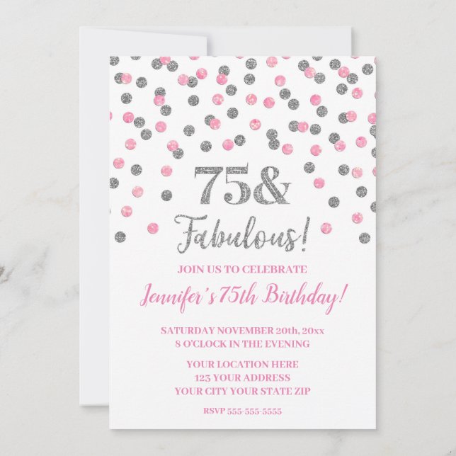 Invitación Purpurina rosado de plata Confetti 75 y fabuloso (Reverso)