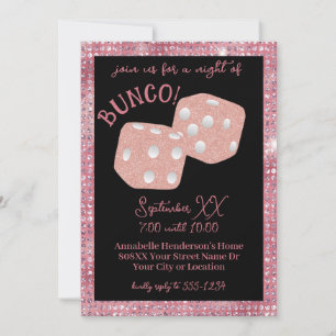 Invitación Purpurina rosado dice en noche de Bunco para damas