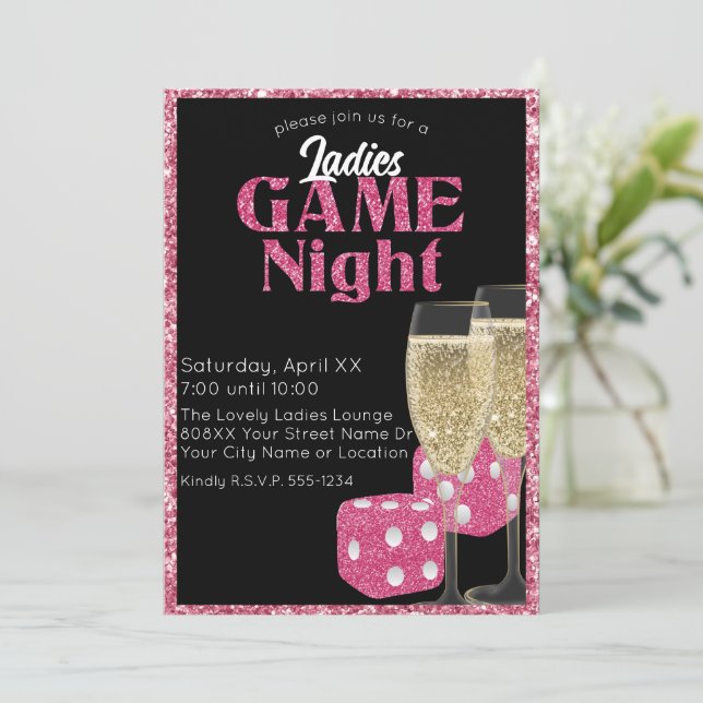 Invitación Purpurina rosado dice noche de juego de damas en n (Anverso de pie)