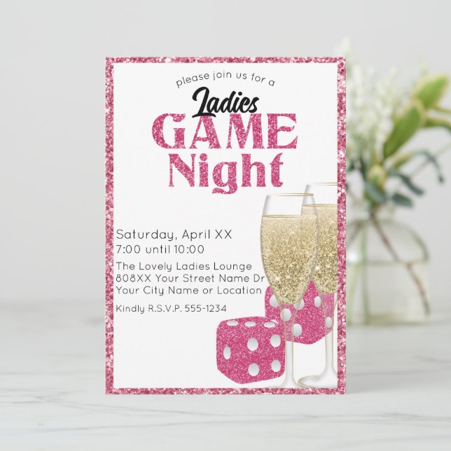 Invitación Purpurina rosado dice y noche de champán (Anverso de pie)