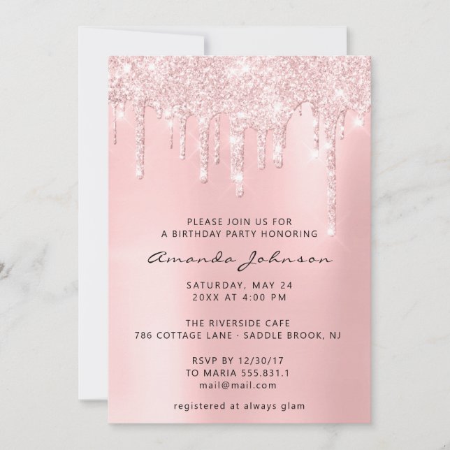 Invitación Purpurina rosado Efecto Drin Chica Baby Shower Cum (Anverso)