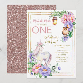 Invitación Purpurina rosado floral de la acuarela del búho