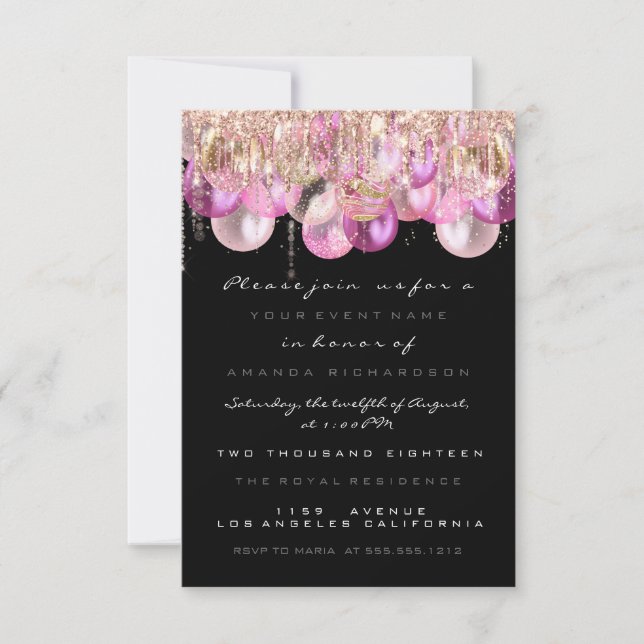 Invitación Purpurina rosado gotea a Rosa Negra dulce de novia (Anverso)