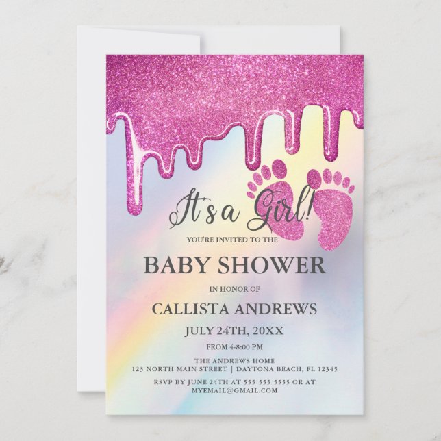 Invitación Purpurina rosado gotea en Baby Shower holográfico  (Anverso)