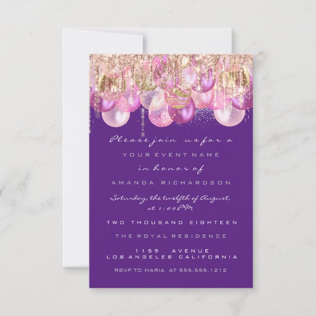 Invitación Purpurina rosado gotea Rosa Violet Bridal Sweet 16 (Anverso)