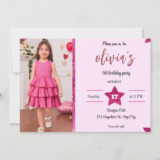 Invitación purpurina rosado lindo (Anverso)