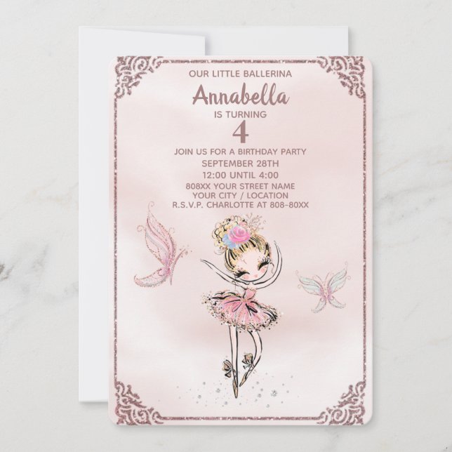 Invitación Purpurina rosado lindo Ballerina y mariposas Invit (Anverso)