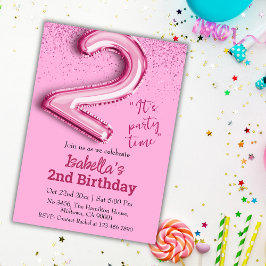 Invitación Purpurina rosado lindo globo no.2 niñita 2º cumple
