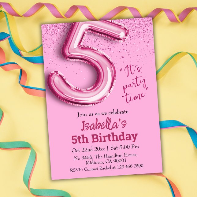 Invitación Purpurina rosado lindo globo no.5 niñita 5 cumplea (Subido por el creador)