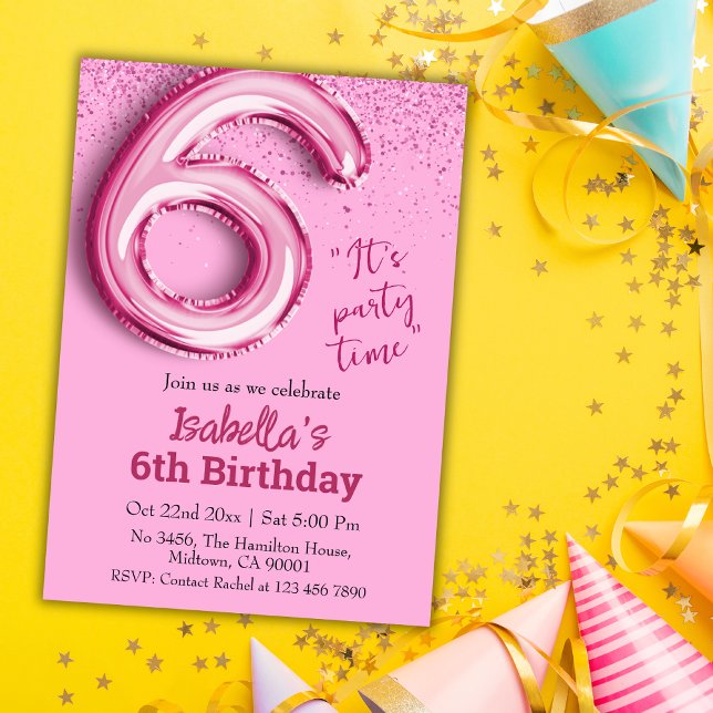 Invitación Purpurina rosado lindo globo no.6 niñita 6 cumplea (Subido por el creador)