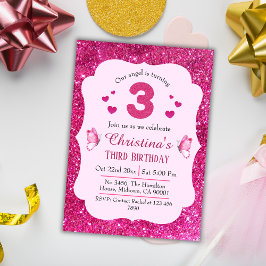 Invitación Purpurina rosado lindo vibrante brillante 3 cumple