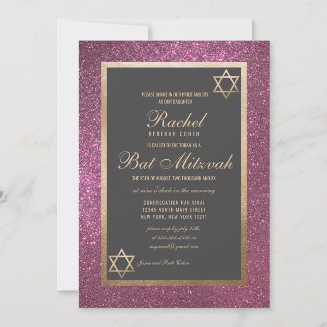 Invitación Purpurina rosado moderno de borde espeso Mitzvah (Anverso)