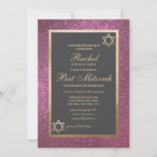 Invitación Purpurina rosado moderno de borde espeso Mitzvah