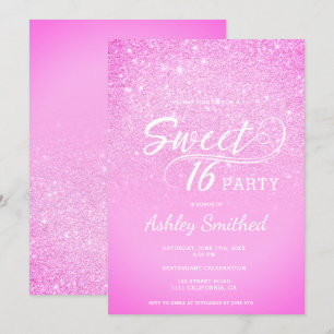 Invitación purpurina rosado moderno glam negro dulce 16