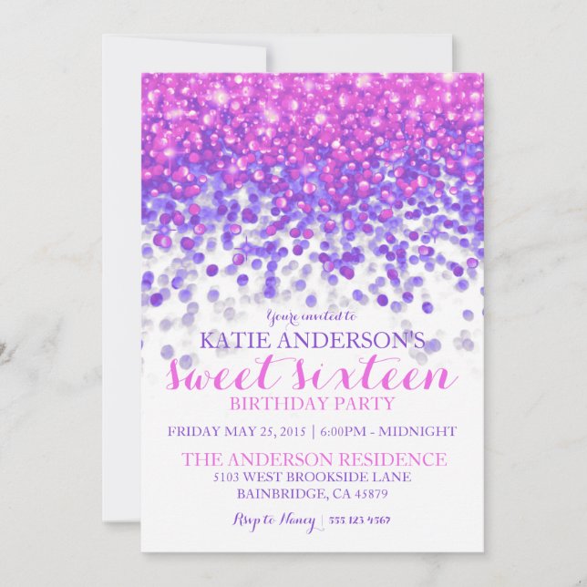 Invitación Purpurina rosado morado de Hollywood  dulce diecis (Anverso)