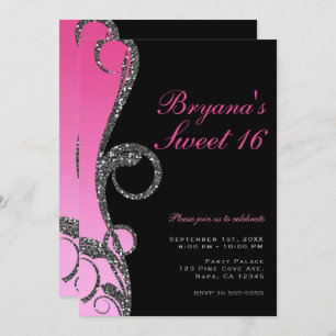 Invitación Purpurina rosado negro plateado Swirl Sweet 16 Fie