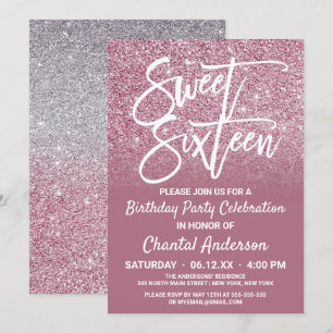 Invitación Purpurina rosado Ombre Sweet Dieciséis