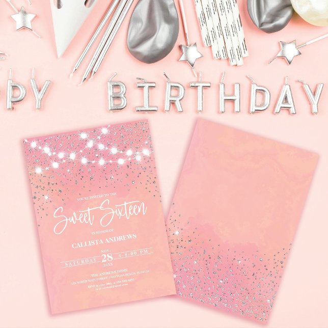 Invitación Purpurina rosado plateado esparkles luces dulces 1 (Subido por el creador)