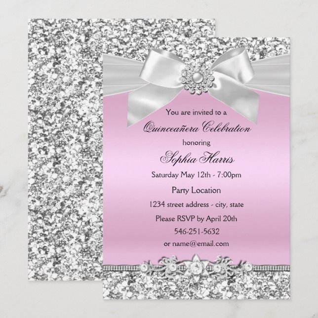 Invitación Purpurina rosado plateado Jewel Bow Quinceanera cu (Anverso / Reverso)