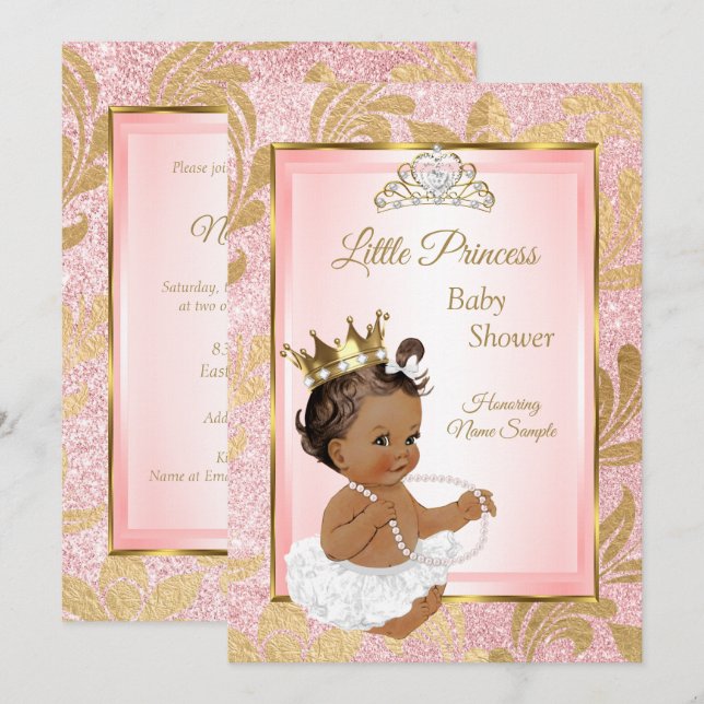 Invitación Purpurina rosado Princesa de oro Baby Shower Étnic (Anverso / Reverso)