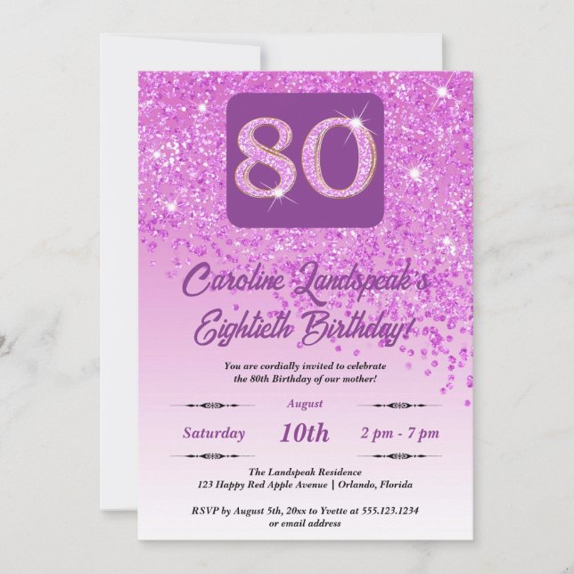 Invitación Purpurina Rosado que cae 80 cumpleaños (Anverso)
