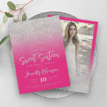 Invitación Purpurina rosado rosado caliente de plata de clase<br><div class="desc">Elegante Dulce Dieciséis planilla de invitación de la fiesta de cumpleaños con motivo de Purpurina Silver Sparkle,  foto personalizado y escritura moderna de tipografía.</div>