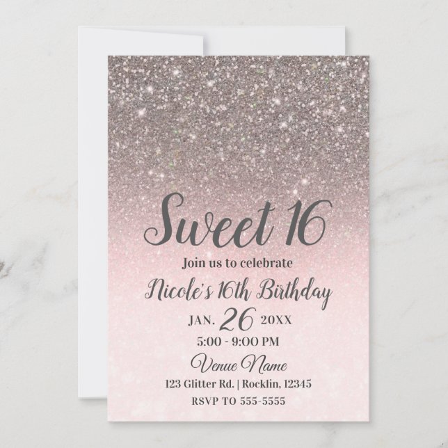 Invitación Purpurina rosado Sparkle Glam Sweet 16 (Anverso)