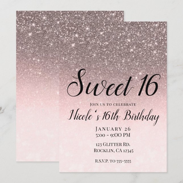 Invitación Purpurina rosado Sparkle Glam Sweet 16 (Anverso / Reverso)