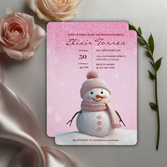 Invitación Purpurina rosado Winter Snowman Baby Shower (Subido por el creador)