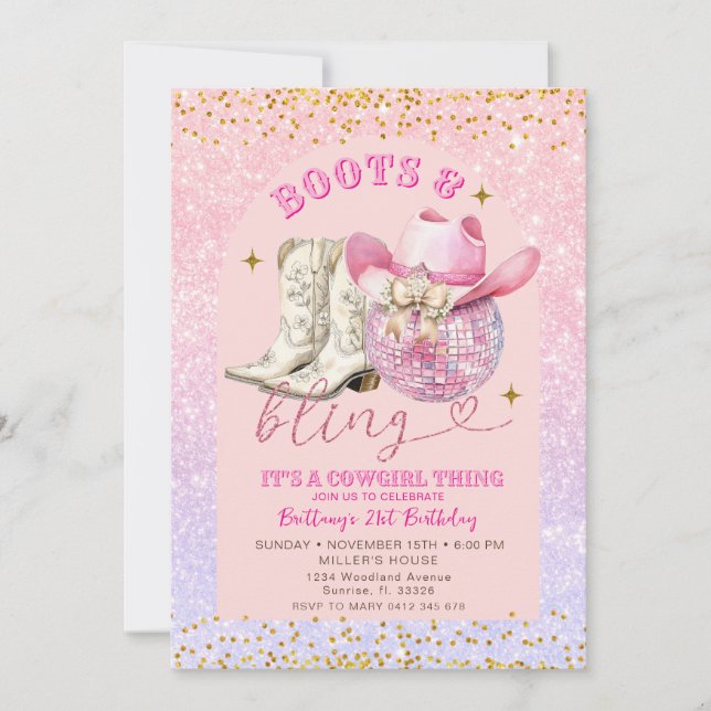 Invitación Purpurina rosado y botes de oro y cumpleaños (Anverso)