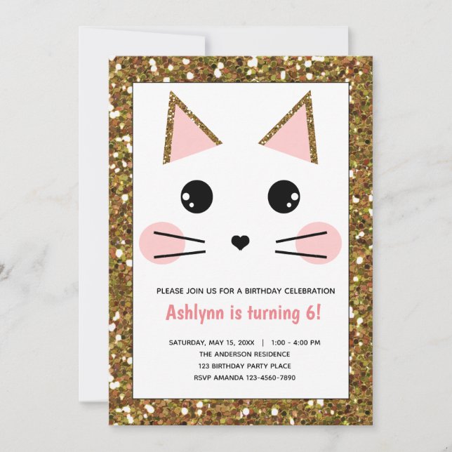 Invitación Purpurina rosado y dorado Kitty Cat Birday (Anverso)