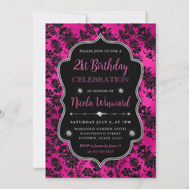 Invitación Purpurina rosado y negro Flores Damask cumpleaños  (Anverso)