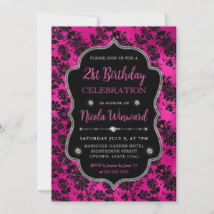 Invitación Purpurina rosado y negro Flores Damask cumpleaños 