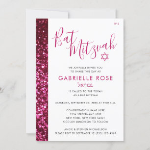 Invitación Purpurina rosado y negro Hebreo Nombre Mitzvah mod