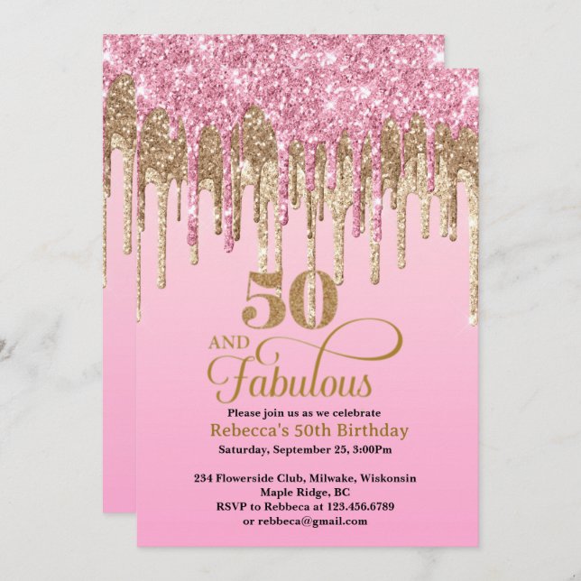 Invitación Purpurina rosado y oro gotea 50 cumpleaños (Anverso / Reverso)