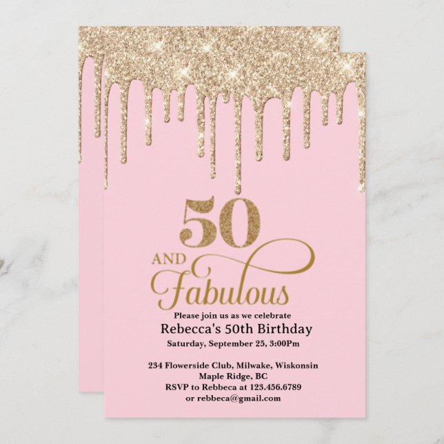 Invitación Purpurina rosado y oro gotea invitat por 50 cumple (Anverso / Reverso)