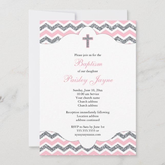 Invitación Purpurina rosado y plateado bautizo de bautismo ba (Anverso)