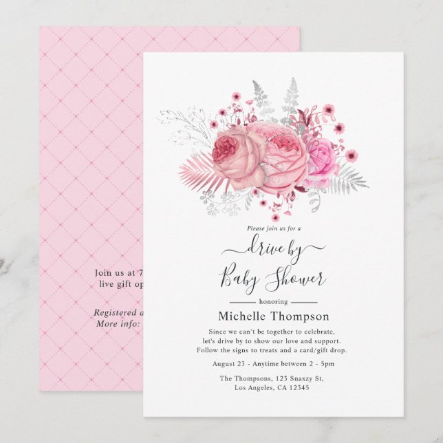 Invitación Purpurina rosado y plateado con ducha (Anverso / Reverso)