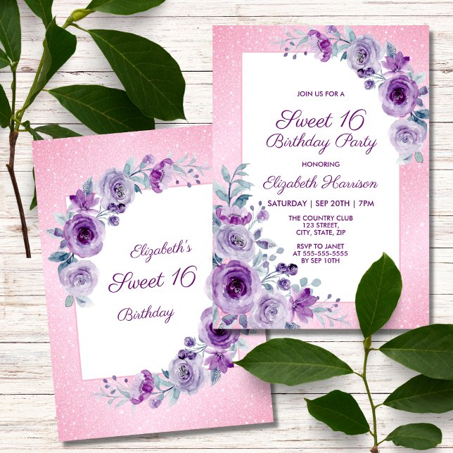 Invitación Purpurina Rosas rosados morados Floral 16 cumpleañ (Subido por el creador)