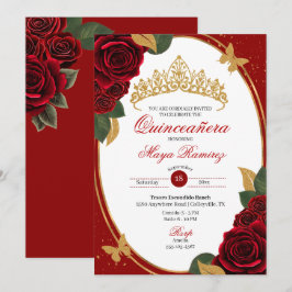 Invitación Purpurina Roses Roses Roses Rojos Mariposa Quincea
