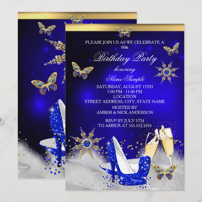 Invitación Purpurina Royal Blue Butterfly Heels Gold Champagn (Anverso / Reverso)