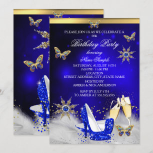 Invitación Purpurina Royal Blue Butterfly Heels Gold Champagn