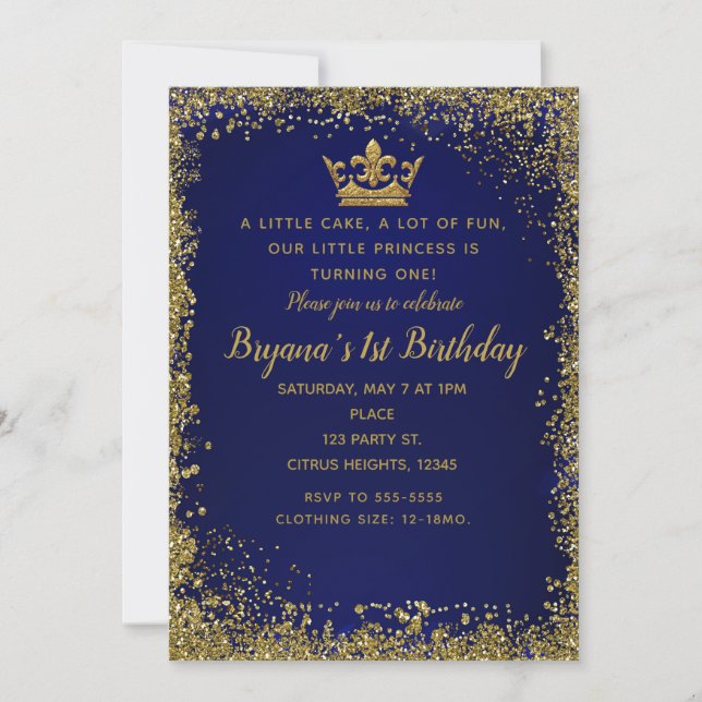 Invitación Purpurina Royal Blue & Gold Crown Primer Fiesta de (Anverso)