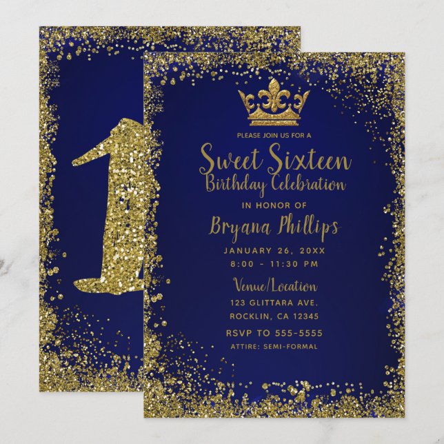Invitación Purpurina Royal Blue & Gold Crown Sweet 16 Fiesta (Anverso / Reverso)