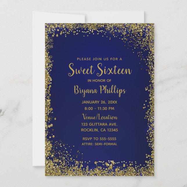 Invitación Purpurina Royal Blue & Gold Glam Sweet 16 Fiesta (Anverso)