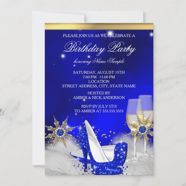 Invitación Purpurina Royal Blue High Heal Shoes Gold Champagn (Anverso)